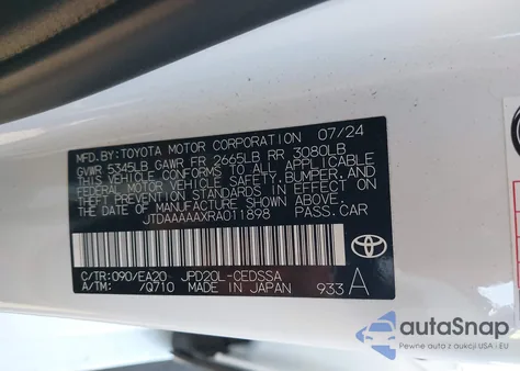 2024 Toyota Mirai Xle/Limited z USA, uszkodzony, nr VIN JTDAAAAAXRA011898